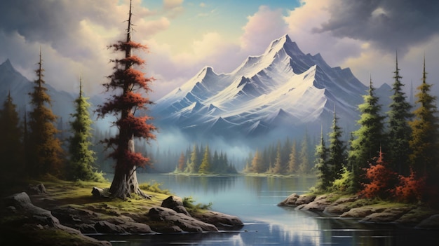 a mountain lake with a tree in the middle of it