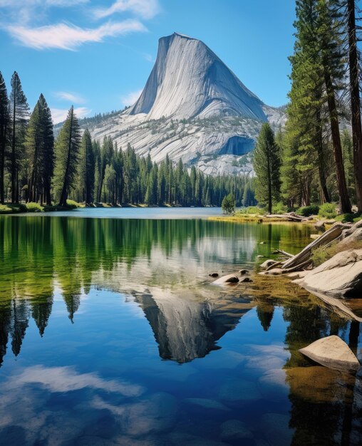 a mountain and lake with trees and rocks