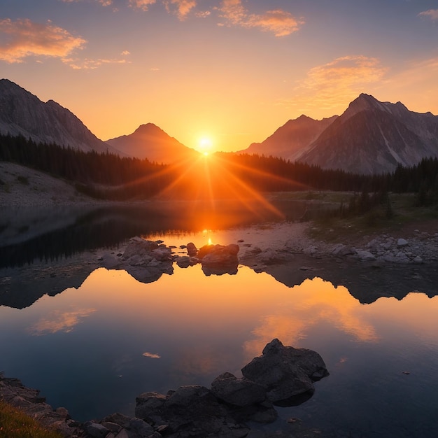 A mountain lake with a view of the sun setting behind it