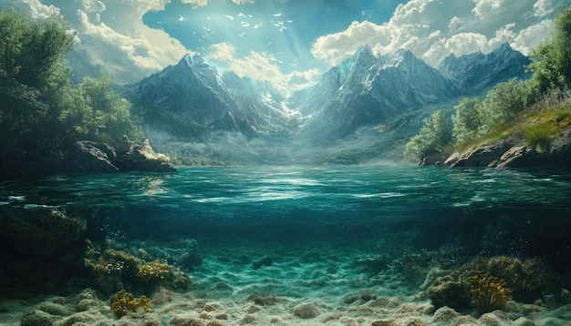 Photo mountain lake with a view of the underwater world