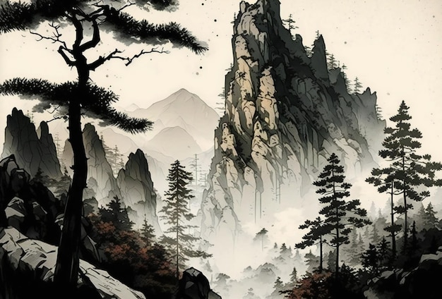 Mountain landscape chinese ink painting creative digital illustration painting