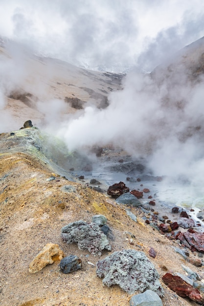 Mountain landscape crater of active volcano fumarole hot spring lava field gassteam activity