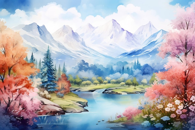 A mountain landscape created in watercolor