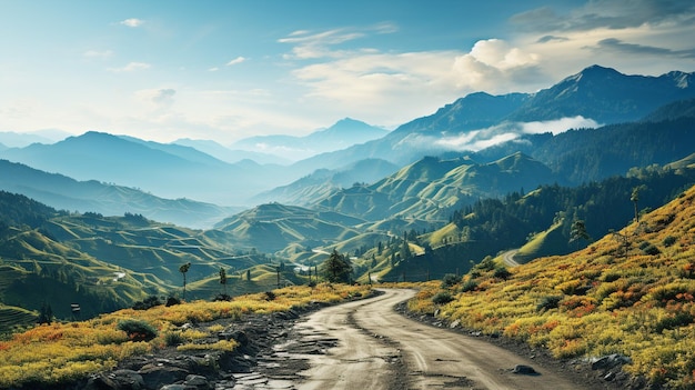 Mountain landscape at dusk asphalt curves ahead adventurous background