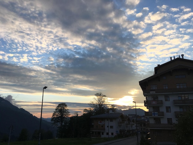 Mountain landscape. Evening in the ski village. Mobile photography.