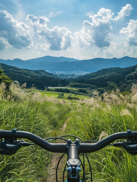 Mountain landscape from cyclist perspective Peaceful countryside with rolling hills and green