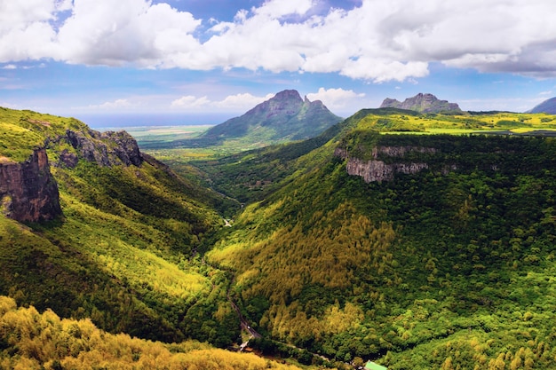 Mountain Landscape of the gorge on the island of Mauritius, Green mountains of the jungle of Mauritius