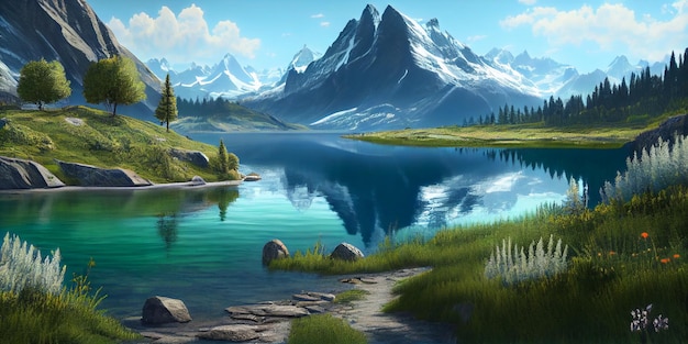 Mountain landscape lake and mountain range large panorama Ai_Generated_