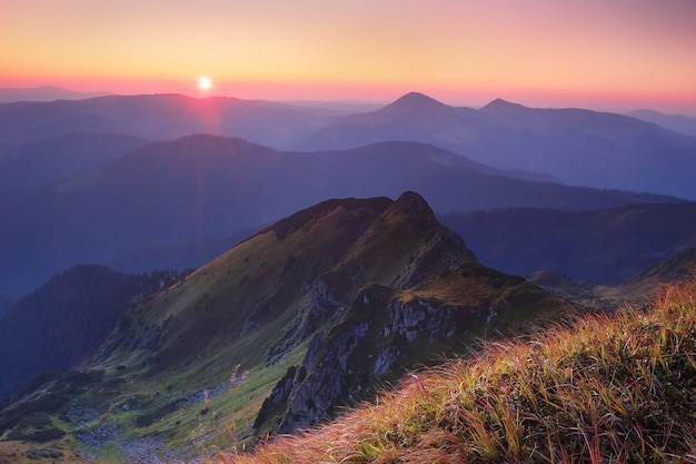 Mountain landscape in the morning with the rising sun