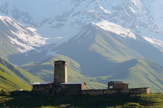 Mountain landscape. An old stone church. Community Ushguli. Main Caucasian ridge. Zemo Svaneti, Georgia