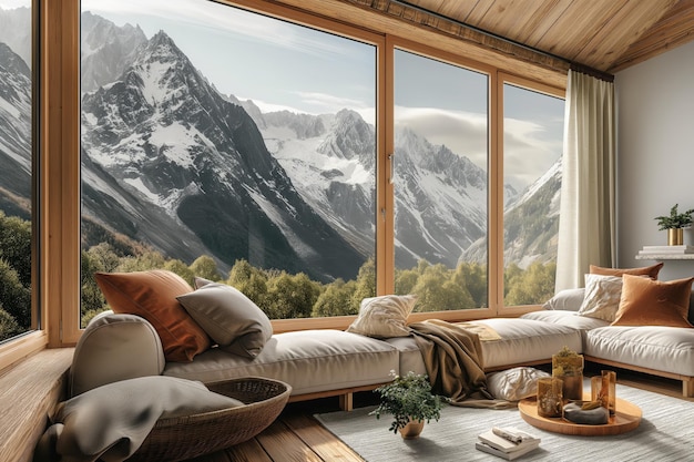 Mountain landscape outside window Outside view of bright mountains Luxury interior