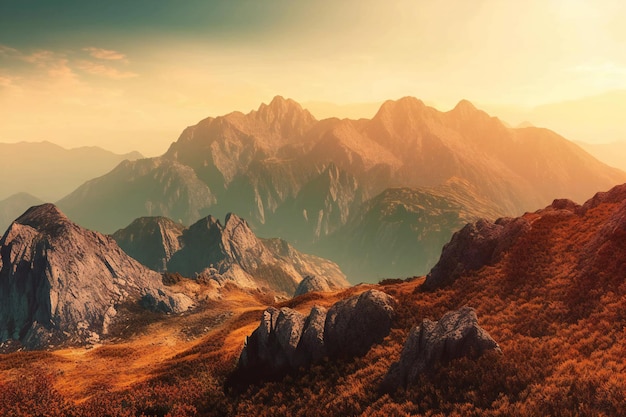 Mountain landscape Peaks and valley at sunset