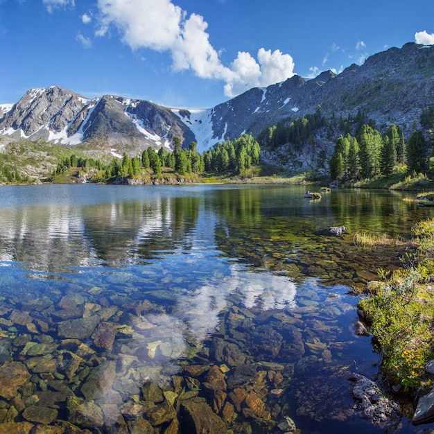 Mountain landscape, picturesque lake in the summer morning