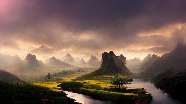 Mountain landscape The river flows through the flower meadow 3D rendering Raster illustration