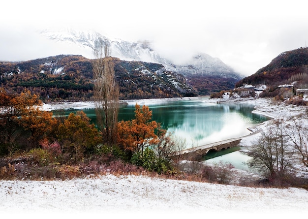 Mountain landscape.Snowy mountain landscape and marsh