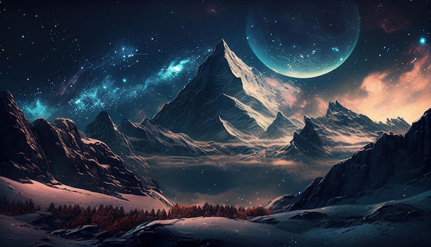 Mountain Landscape Under Starry Skies with Generative AI