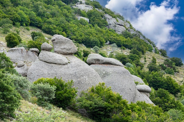 Mountain landscape stone pillars in the form of ghosts stone idols in a mountain valley a canyon against the sky