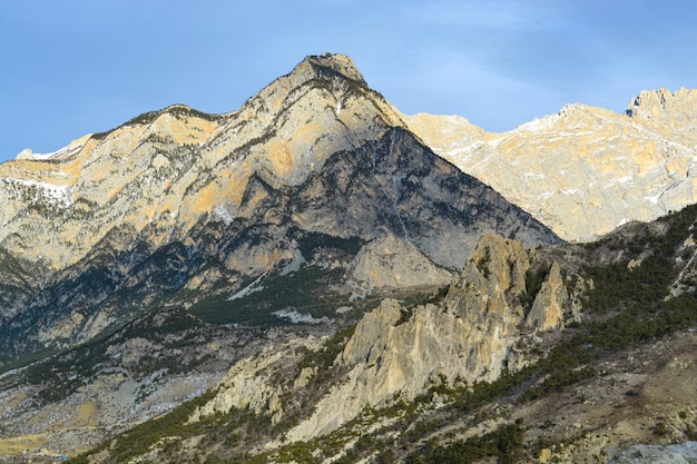 Mountain landscape Stunning bird'seye view of a high mountain peak in clear weather