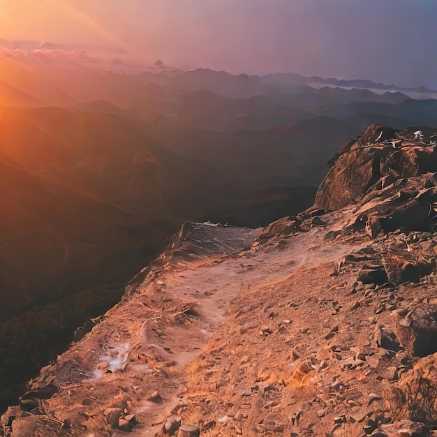 Mountain landscape at sunrise or sunset the sun shines on the mountains