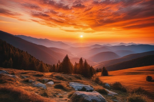 Mountain landscape at sunset golden hour