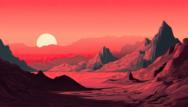 Photo mountain landscape and sunset and red sky background illustration backdrop wallpaper