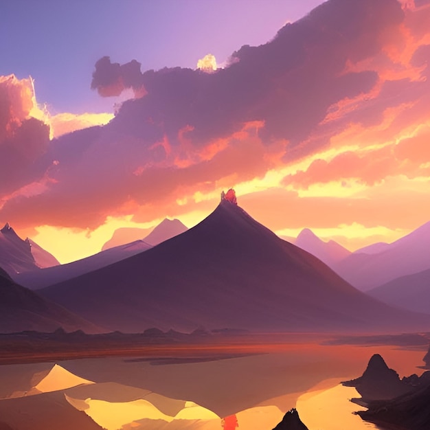 mountain landscape at sunset, the sun above the horizon