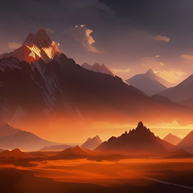 mountain landscape at sunset, the sun above the horizon