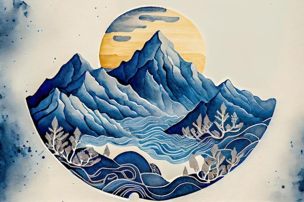 Mountain landscape watercolor minimalism Generative AI