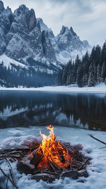 Mountain landscape in winter with fire burning on frozen lake ice at night