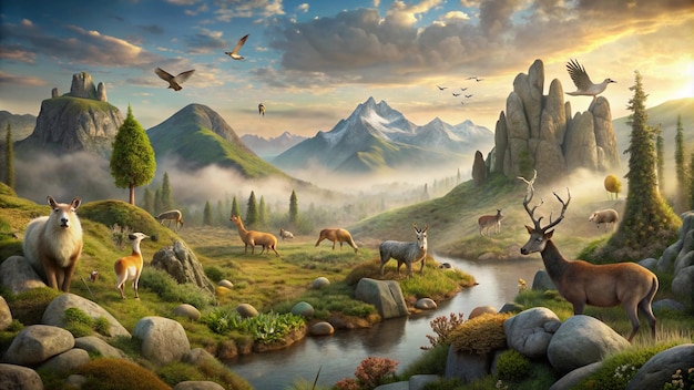 a mountain landscape with animals and mountains in the background