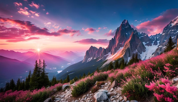 Photo a mountain landscape with a blue and pink background