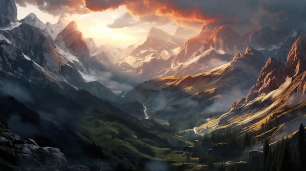 Mountain landscape with clouds and fog Digital painting