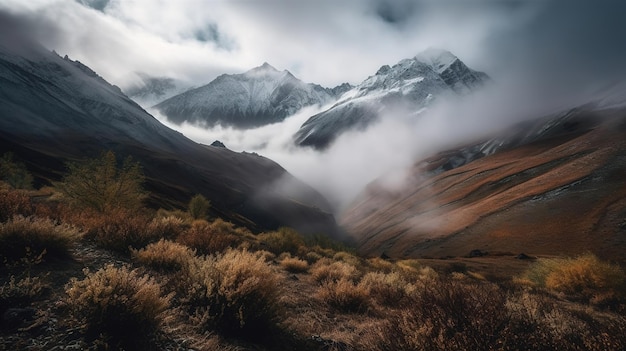 A mountain landscape with clouds and a mountain in the background