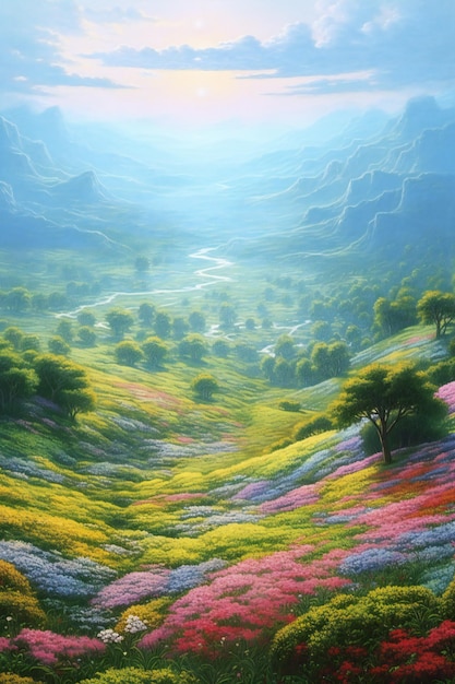 Mountain landscape with colorful flowers and foggy sky north china