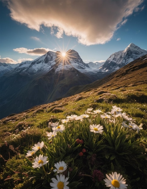 a mountain landscape with daisies and snow capped mountains in the background