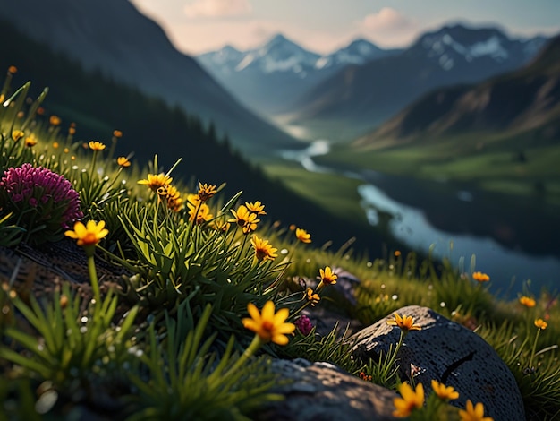 a mountain landscape with flowers and mountains in the background