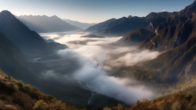 A mountain landscape with fog and clouds in the foreground.