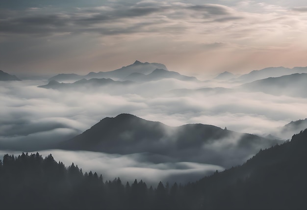 Photo mountain landscape with fog and clouds in the mountains at sunrise