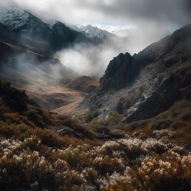 A mountain landscape with a foggy mountain in the background