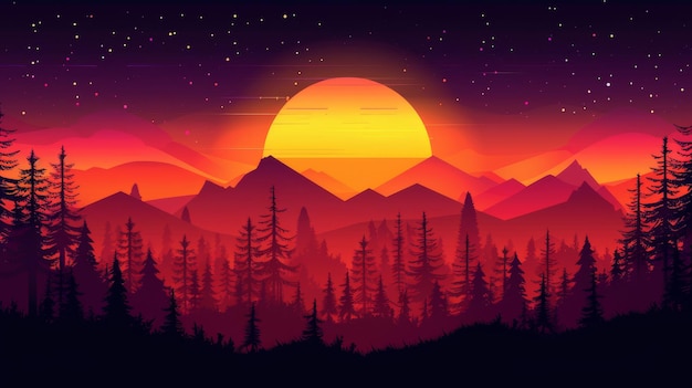 Mountain landscape with forest sunset and sun