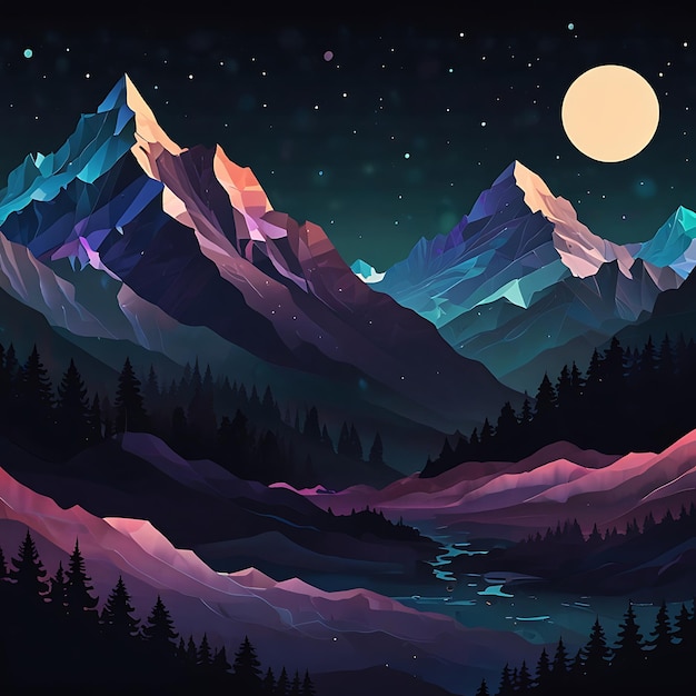 a mountain landscape with a full moon and trees