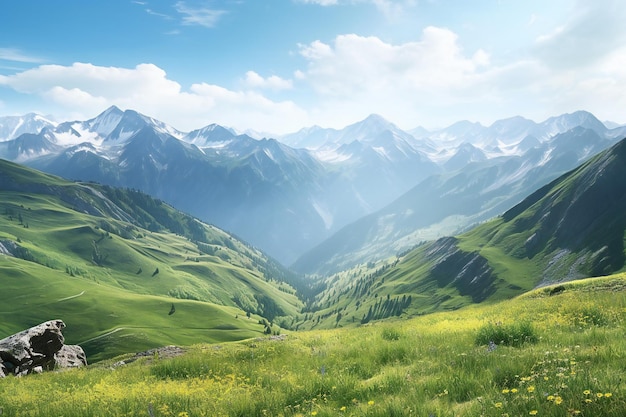 Mountain landscape with grass alpine meadows and blue sky