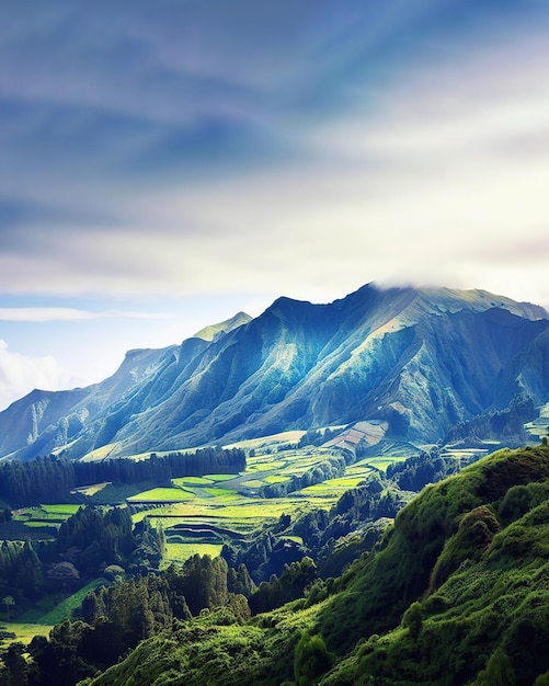 A mountain landscape with a green field and a mountain in the background.