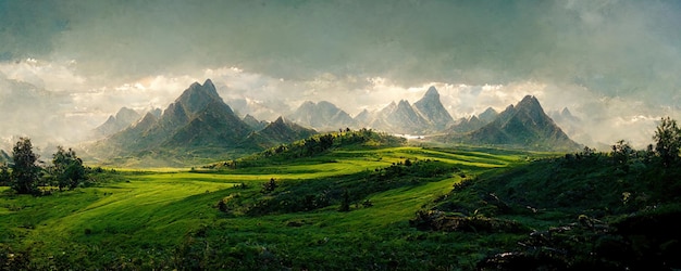 Mountain landscape with green plain and tea plantations with mountains in the background