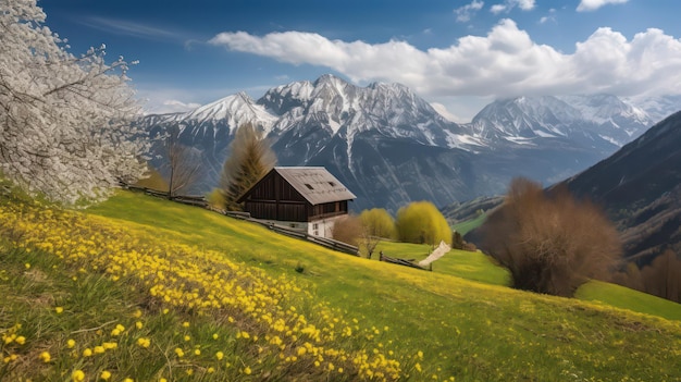 A mountain landscape with a house in the foreground and a mountain in the background.