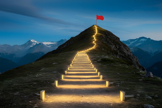 Mountain landscape with illuminated path to summit flag symbolizing achievement and success amidst