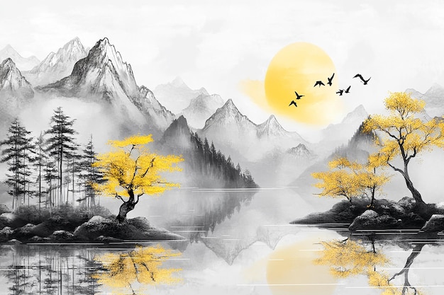 a mountain landscape with a lake and birds flying above it