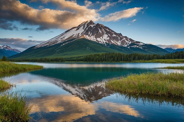 A mountain landscape with a lake and a mountain in the background