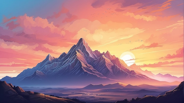 A mountain landscape with a large sun rising over snowcapped mountains