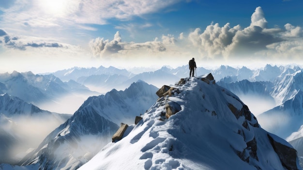 A mountain landscape with a man on top of it